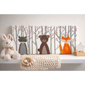 Woodland Nursery Canvas Art Set of 4 | Fox Bear Raccoon Animal Wall Decor | Baby